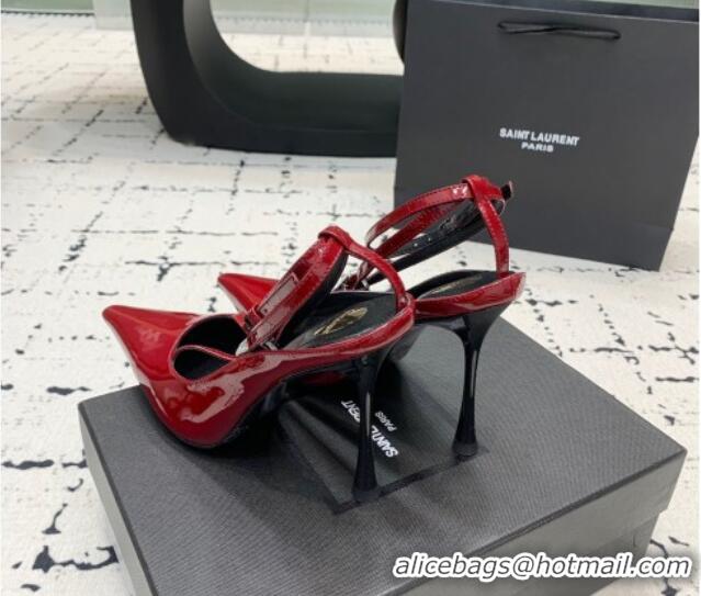 Popular Style Saint Laurent Harlow Pointed Toe Heel Sandals 10cm in Patent Leather with Strass Red 0225082