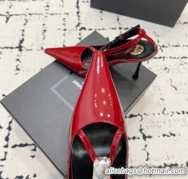 Popular Style Saint Laurent Harlow Pointed Toe Heel Sandals 10cm in Patent Leather with Strass Red 0225082