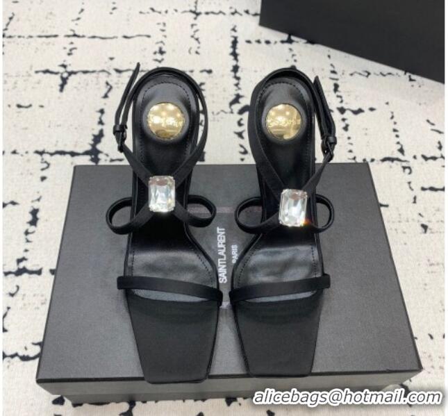 Top Design Saint Laurent Harlow Heeled Sandals 10cm in Satin with Strass Black 0225083