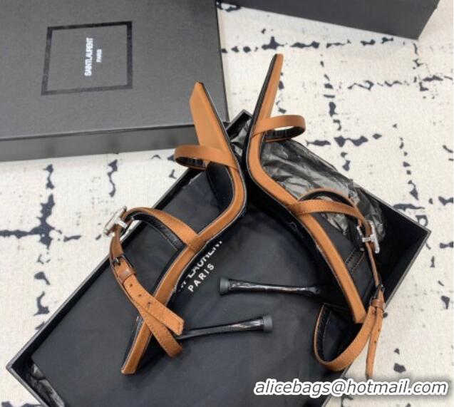 Shop Duplicate Saint Laurent Harlow Heeled Sandals 10cm in Satin with Strass Brown 0225085