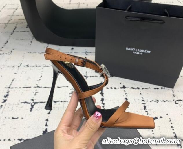 Shop Duplicate Saint Laurent Harlow Heeled Sandals 10cm in Satin with Strass Brown 0225085