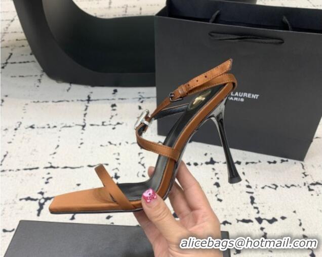 Shop Duplicate Saint Laurent Harlow Heeled Sandals 10cm in Satin with Strass Brown 0225085