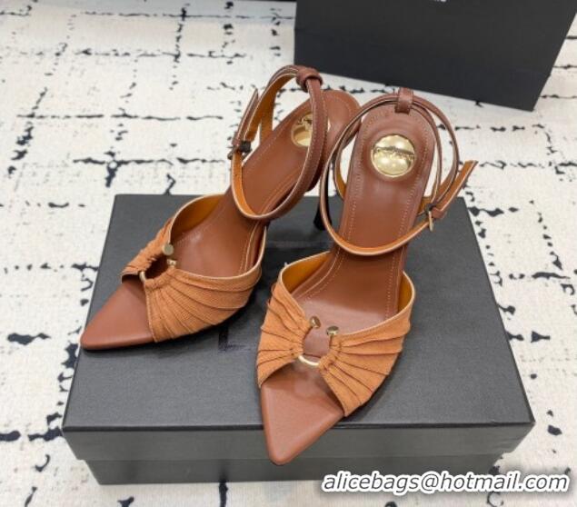 Top Design Saint Laurent Nail Fabric Heeled Sandals 10cm Brown 0225086