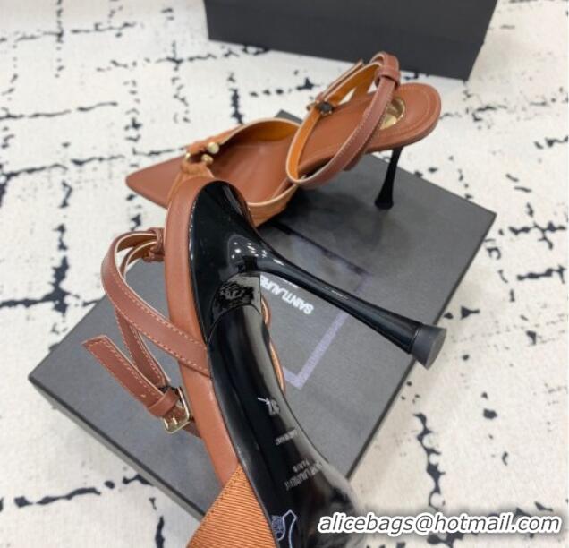 Top Design Saint Laurent Nail Fabric Heeled Sandals 10cm Brown 0225086