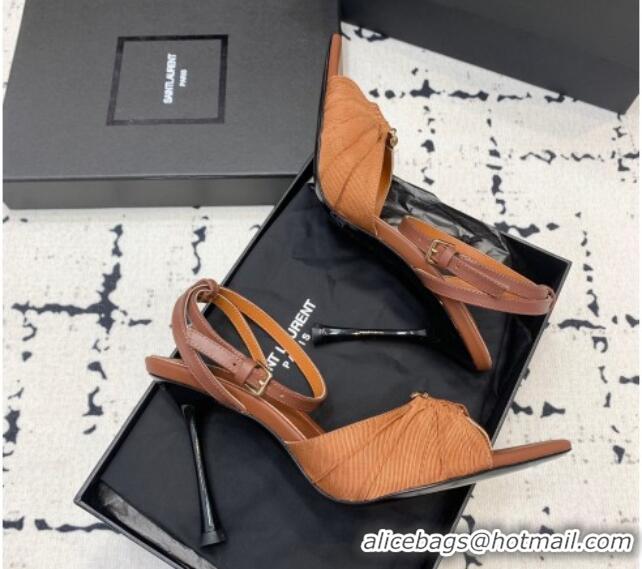 Top Design Saint Laurent Nail Fabric Heeled Sandals 10cm Brown 0225086