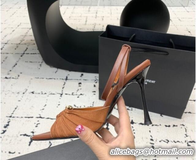 Top Design Saint Laurent Nail Fabric Heeled Sandals 10cm Brown 0225086