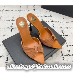 Popular Style Saint Laurent Nail Fabric Heeled Slides Sandal 10cm Brown 0225088