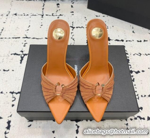 Popular Style Saint Laurent Nail Fabric Heeled Slides Sandal 10cm Brown 0225088