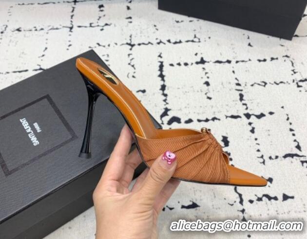 Popular Style Saint Laurent Nail Fabric Heeled Slides Sandal 10cm Brown 0225088