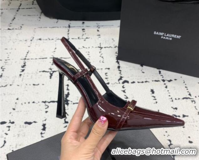 Best Price Saint Laurent Jacqueline Slingback Pumps 10cm in Patent Leather with Buckle Strap Dark Burgundy 0225091