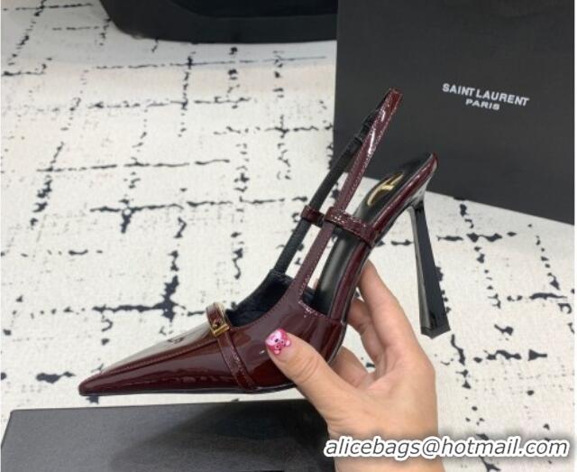 Best Price Saint Laurent Jacqueline Slingback Pumps 10cm in Patent Leather with Buckle Strap Dark Burgundy 0225091