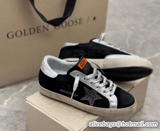 Charming Golden Goose Women's Super-Star Sneakers in black suede with strass star and silver leather inserts 0221003