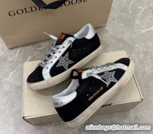 Charming Golden Goose Women's Super-Star Sneakers in black suede with strass star and silver leather inserts 0221003