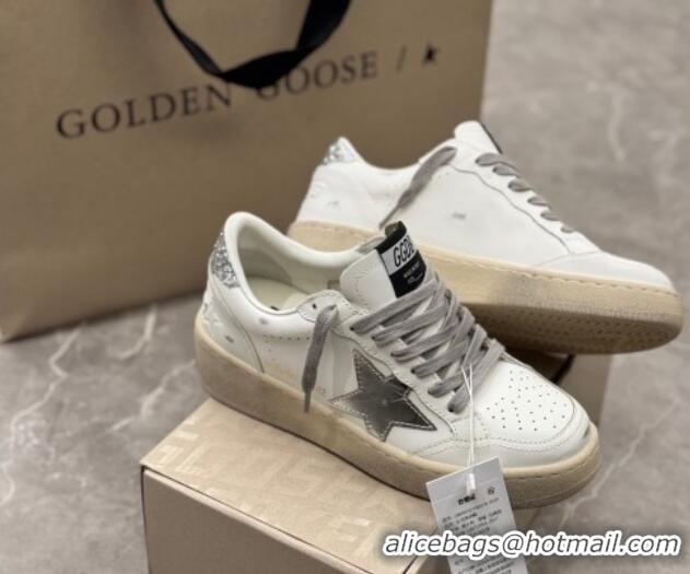 Shop Duplicate Golden Goose Women's Ball Star 2 Sneakers with silver leather star and silver glitter heel tab 0221012