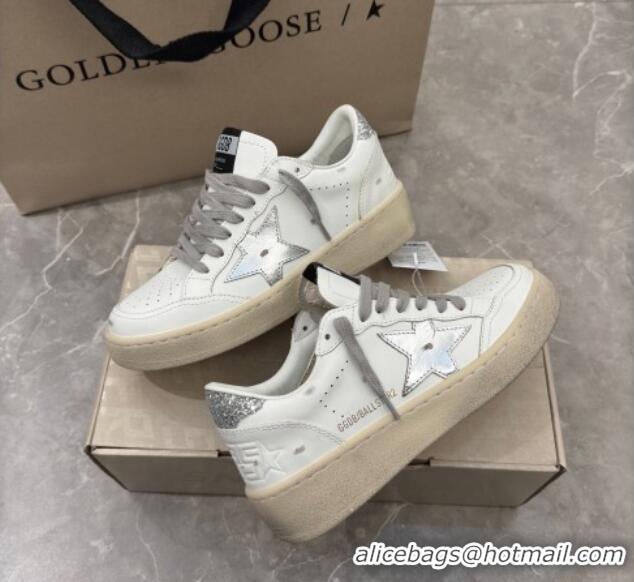 Shop Duplicate Golden Goose Women's Ball Star 2 Sneakers with silver leather star and silver glitter heel tab 0221012