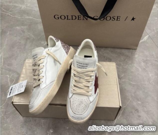 Pretty Style Golden Goose Women's Ball Star LTD Sneakers with red leather star and pink glitter heel tab 0221015