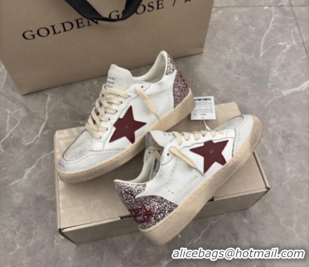 Pretty Style Golden Goose Women's Ball Star LTD Sneakers with red leather star and pink glitter heel tab 0221015