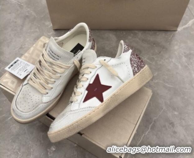 Pretty Style Golden Goose Women's Ball Star LTD Sneakers with red leather star and pink glitter heel tab 0221015