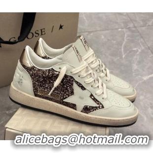 Classic Hot Golden Goose Women's Ball Star Sneakers in glitter with white leather star and metallic leather heel tab 022