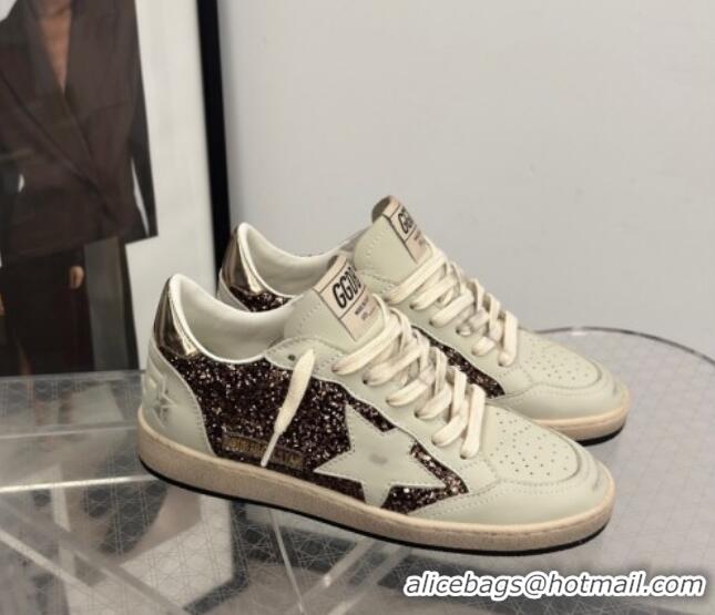 Classic Hot Golden Goose Women's Ball Star Sneakers in glitter with white leather star and metallic leather heel tab 022