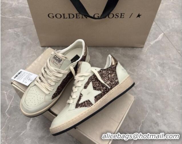 Classic Hot Golden Goose Women's Ball Star Sneakers in glitter with white leather star and metallic leather heel tab 022