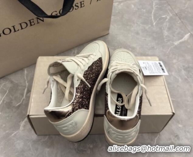 Classic Hot Golden Goose Women's Ball Star Sneakers in glitter with white leather star and metallic leather heel tab 022