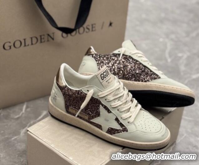 Classic Hot Golden Goose Women's Ball Star Sneakers in glitter with white leather star and metallic leather heel tab 022