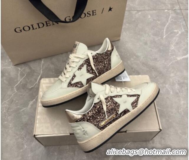 Classic Hot Golden Goose Women's Ball Star Sneakers in glitter with white leather star and metallic leather heel tab 022