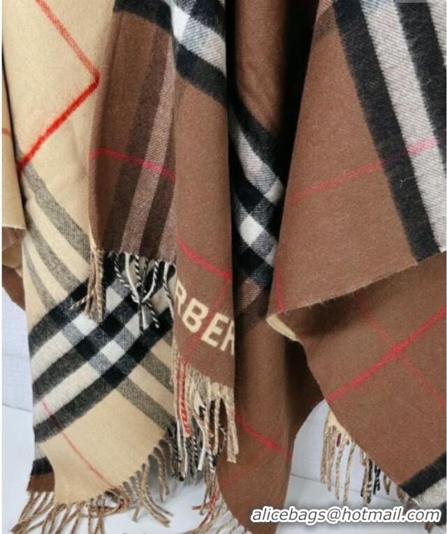 Famous Brand Burberry Contrast Check Wool Cashmere Cape 140x140cm 0821 Brown 2024