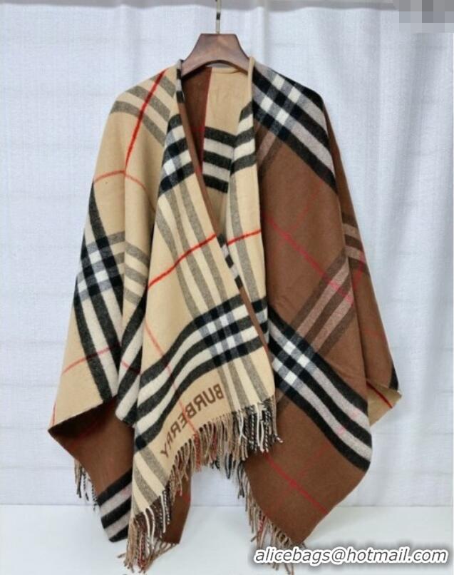 Famous Brand Burberry Contrast Check Wool Cashmere Cape 140x140cm 0821 Brown 2024