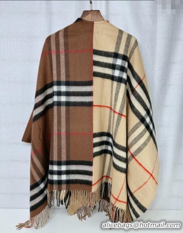 Famous Brand Burberry Contrast Check Wool Cashmere Cape 140x140cm 0821 Brown 2024