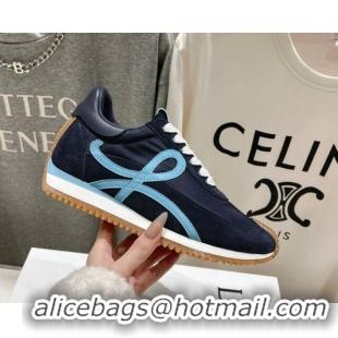 Shop Duplicate Loewe Flow Runner Sneakers in calfskin, nylon and suede Dark Blue 0221040