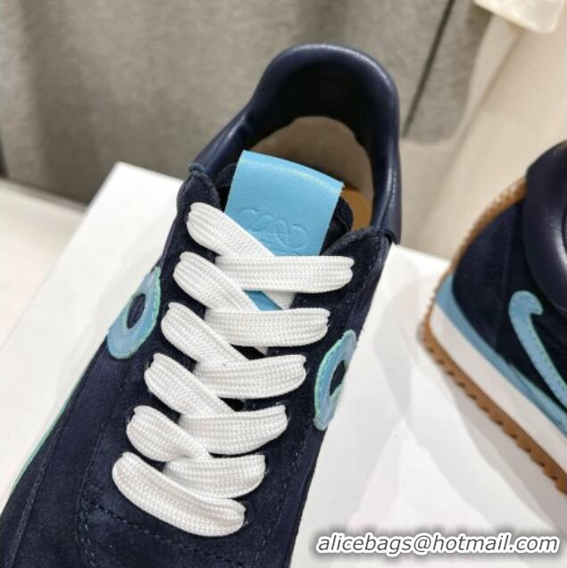 Shop Duplicate Loewe Flow Runner Sneakers in calfskin, nylon and suede Dark Blue 0221040