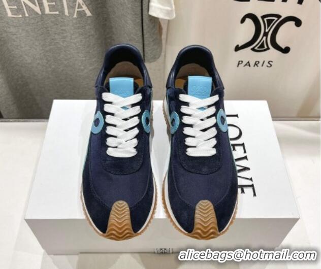 Shop Duplicate Loewe Flow Runner Sneakers in calfskin, nylon and suede Dark Blue 0221040