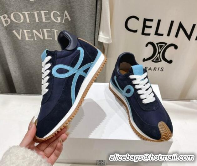 Shop Duplicate Loewe Flow Runner Sneakers in calfskin, nylon and suede Dark Blue 0221040