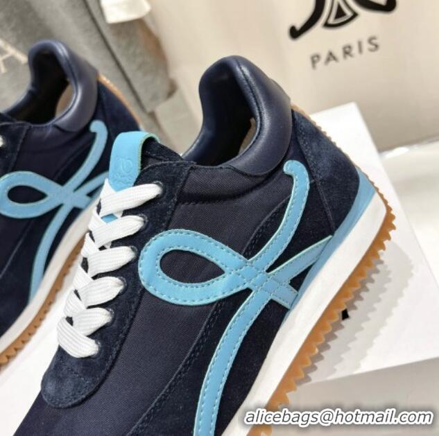 Shop Duplicate Loewe Flow Runner Sneakers in calfskin, nylon and suede Dark Blue 0221040