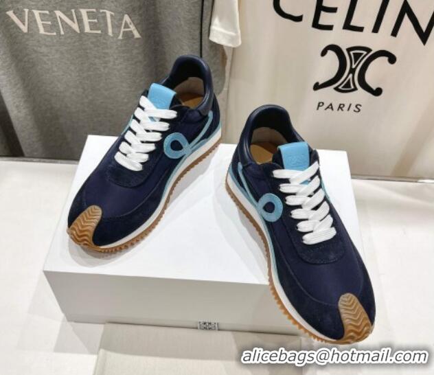 Shop Duplicate Loewe Flow Runner Sneakers in calfskin, nylon and suede Dark Blue 0221040