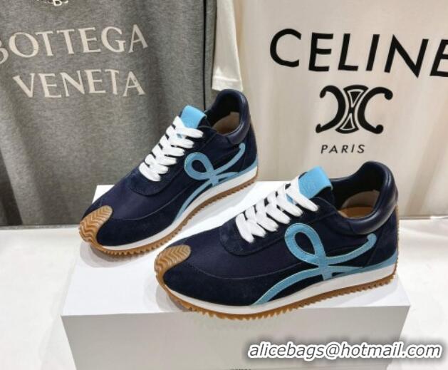 Shop Duplicate Loewe Flow Runner Sneakers in calfskin, nylon and suede Dark Blue 0221040