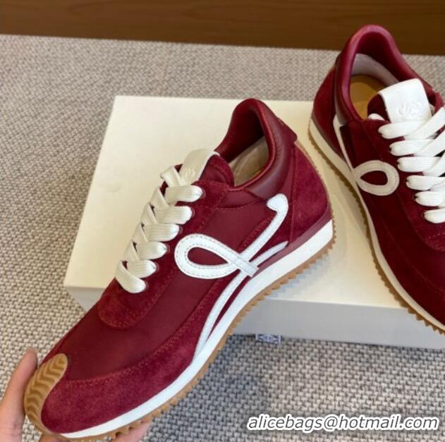 Best Grade Loewe Flow Runner Sneakers in calfskin, nylon and suede Dark Burgundy 0221044