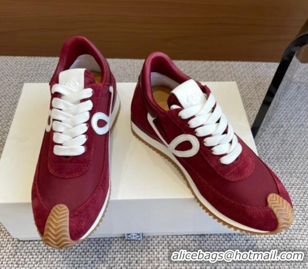 Best Grade Loewe Flow Runner Sneakers in calfskin, nylon and suede Dark Burgundy 0221044