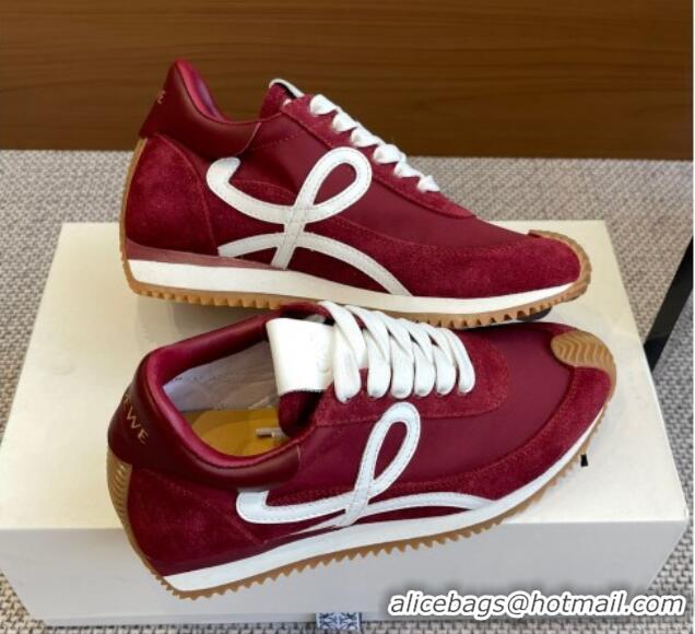 Best Grade Loewe Flow Runner Sneakers in calfskin, nylon and suede Dark Burgundy 0221044