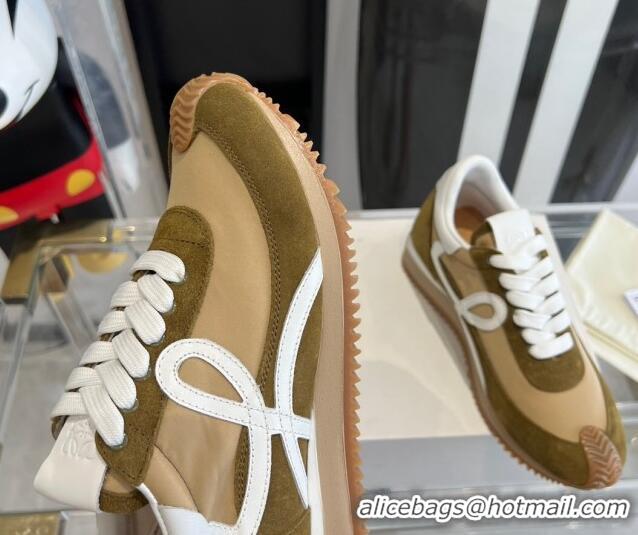 Top Grade Loewe Flow Runner Sneakers in calfskin, nylon and suede Beige/Brown 0221049