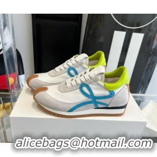 Stylish Loewe Flow Runner Sneakers in calfskin, nylon and suede White/Green 0221054