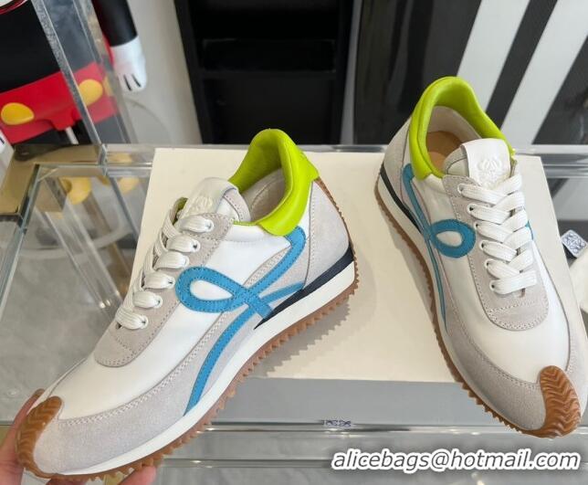 Stylish Loewe Flow Runner Sneakers in calfskin, nylon and suede White/Green 0221054