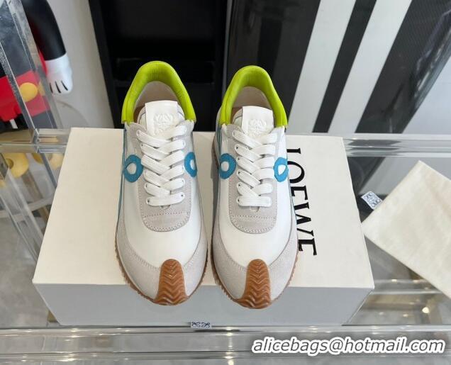 Stylish Loewe Flow Runner Sneakers in calfskin, nylon and suede White/Green 0221054