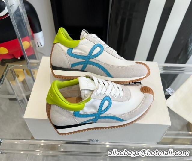 Stylish Loewe Flow Runner Sneakers in calfskin, nylon and suede White/Green 0221054