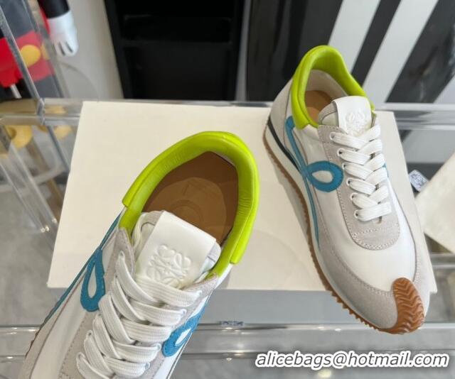 Stylish Loewe Flow Runner Sneakers in calfskin, nylon and suede White/Green 0221054