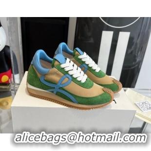 Low Cost Loewe Flow Runner Sneakers in calfskin, nylon and suede Green/Beige 0221046