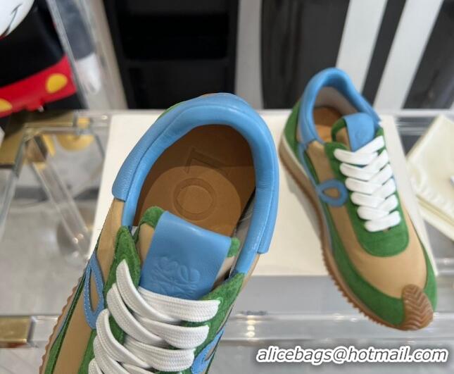 Low Cost Loewe Flow Runner Sneakers in calfskin, nylon and suede Green/Beige 0221046