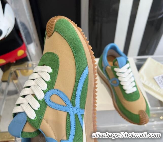 Low Cost Loewe Flow Runner Sneakers in calfskin, nylon and suede Green/Beige 0221046